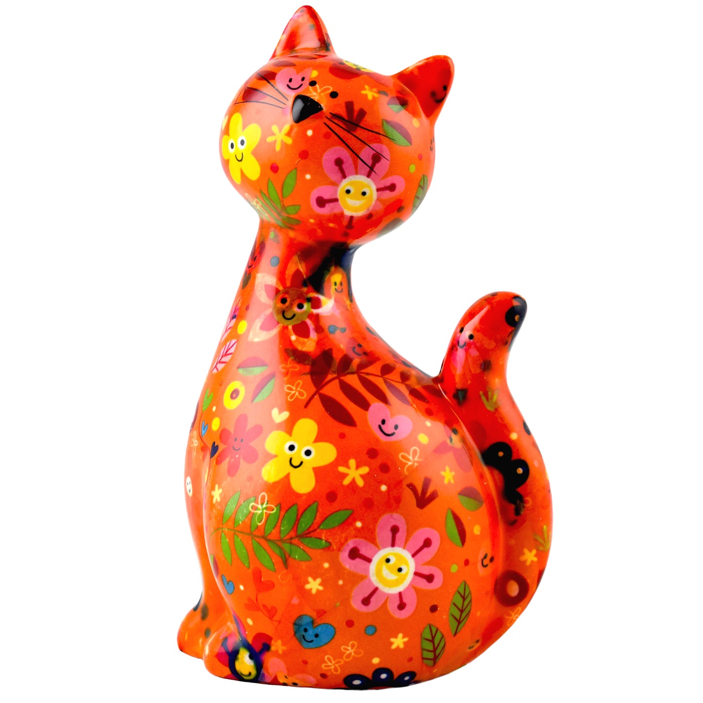 Schattige Pomme Pidou spaarpot kat Caramel met kleurrijke bloemenprint. Een speelse en stijlvolle manier om geld te sparen, perfect als cadeau voor kattenliefhebbers of als vrolijke decoratie in huis."