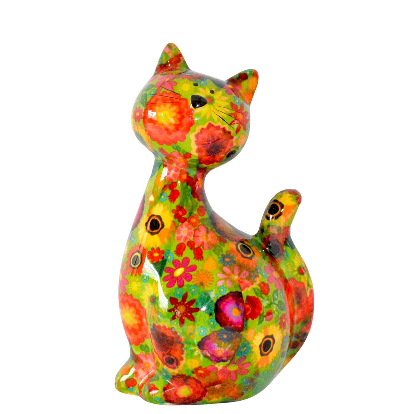 Schattige Pomme Pidou spaarpot kat Caramel met kleurrijke bloemenprint. Een speelse en stijlvolle manier om geld te sparen, perfect als cadeau voor kattenliefhebbers of als vrolijke decoratie in huis."