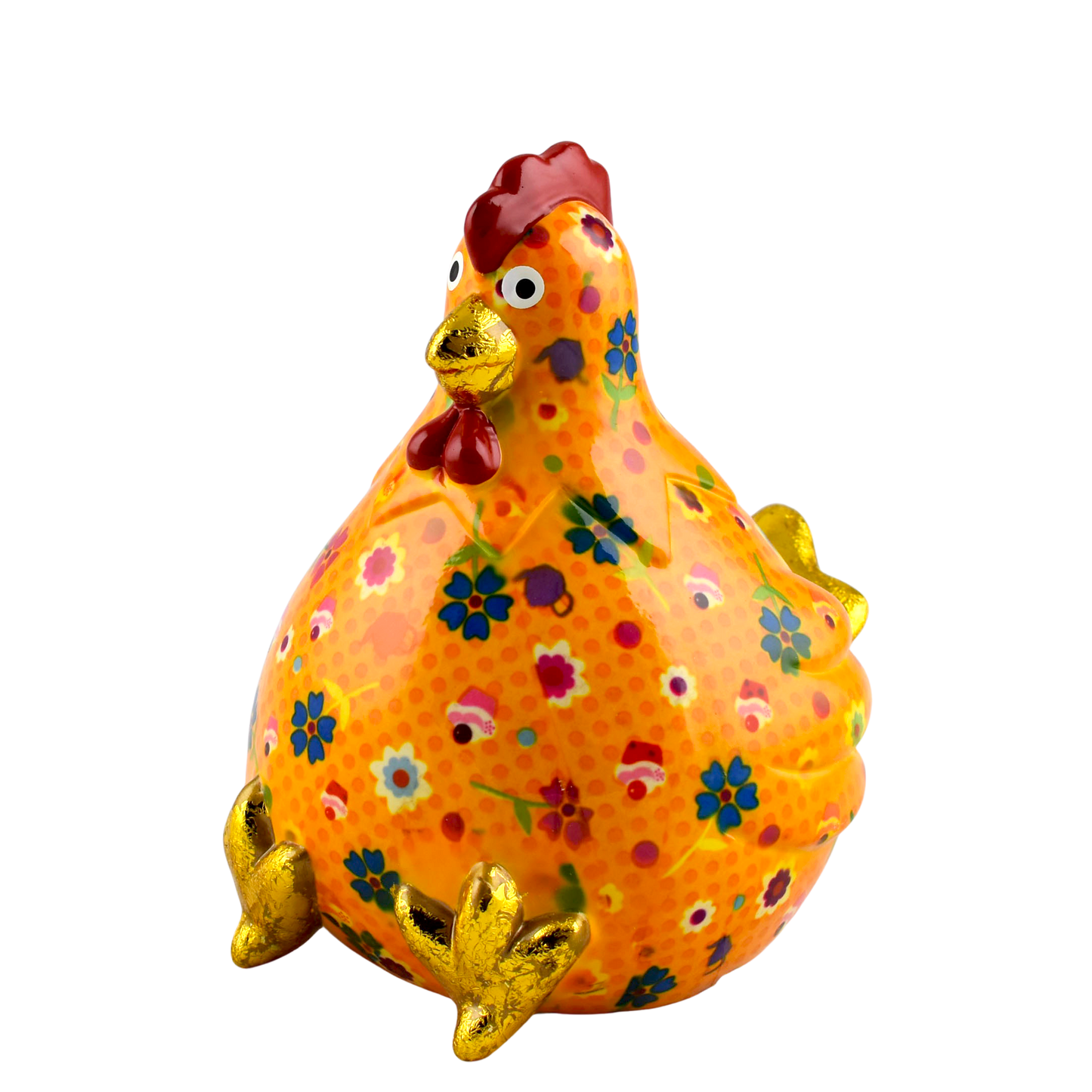 "Oranje keramische Pomme Pidou spaarpot kip Claire met bloemen- en taartjesprint. Een speelse en stijlvolle manier om geld te sparen, perfect als cadeau of decoratief item."