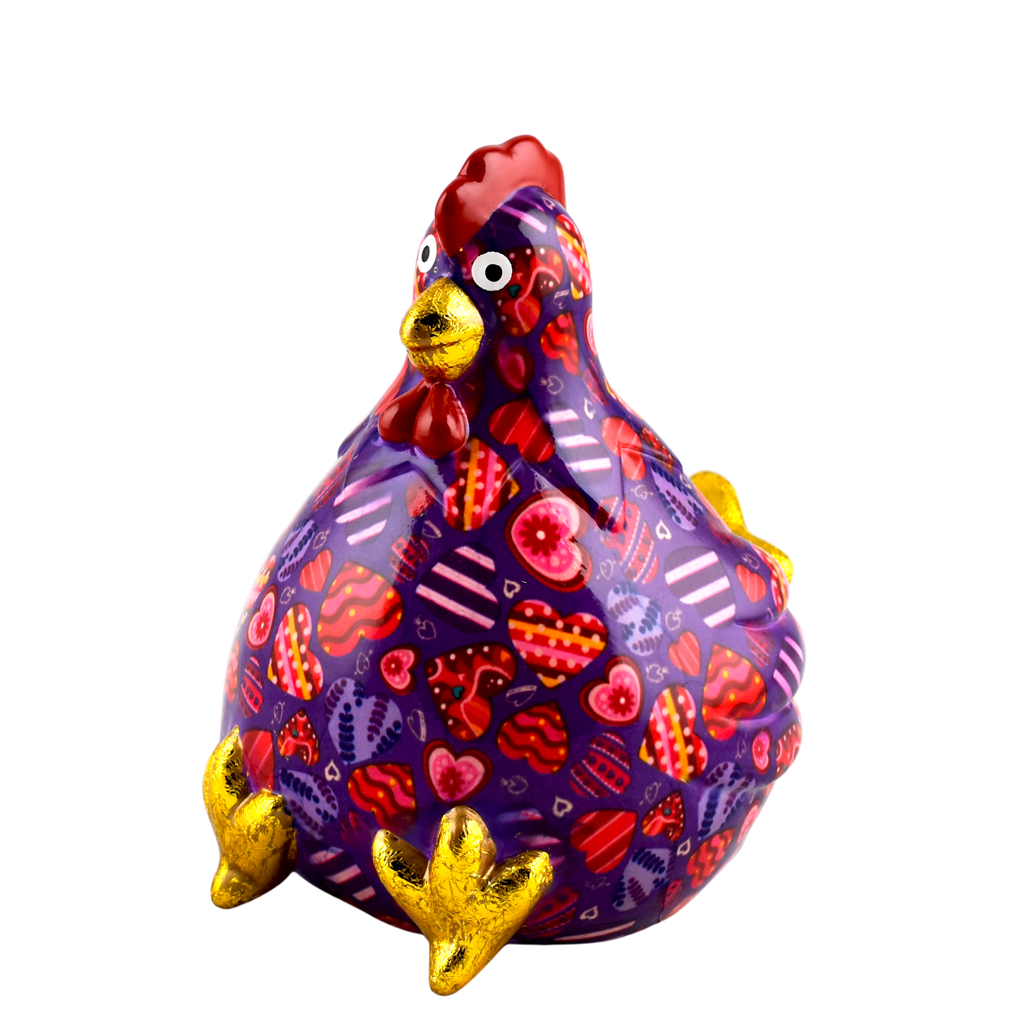 Paarse keramische Pomme Pidou spaarpot kip Claire met speelse hartjesprint. Een vrolijke en stijlvolle manier om geld te sparen, perfect als cadeau of decoratief item."