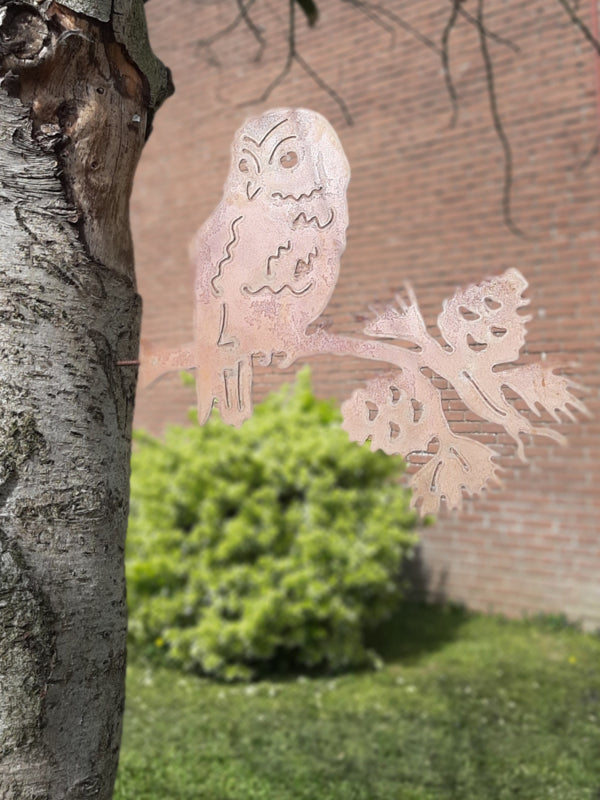 Schroefuil op dennentakje roestijzer