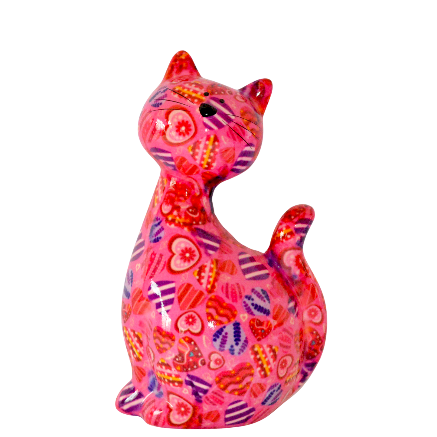 "Schattige Pomme Pidou spaarpot kat Caramel met kleurrijke hartenprint. Een speelse en stijlvolle manier om geld te sparen, perfect als cadeau voor kattenliefhebbers of als vrolijke decoratie in huis."