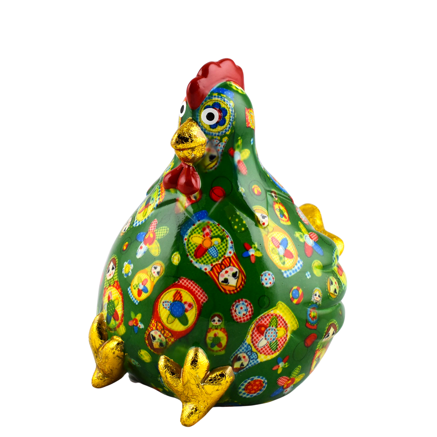 Groene keramische Pomme Pidou spaarpot kip Claire met speelse poppetjesprint. Een vrolijke en stijlvolle manier om geld te sparen, perfect als cadeau of decoratief item."