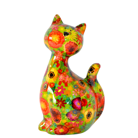 Schattige Pomme Pidou spaarpot kat Caramel met kleurrijke bloemenprint. Een speelse en stijlvolle manier om geld te sparen, perfect als cadeau voor kattenliefhebbers of als vrolijke decoratie in huis."