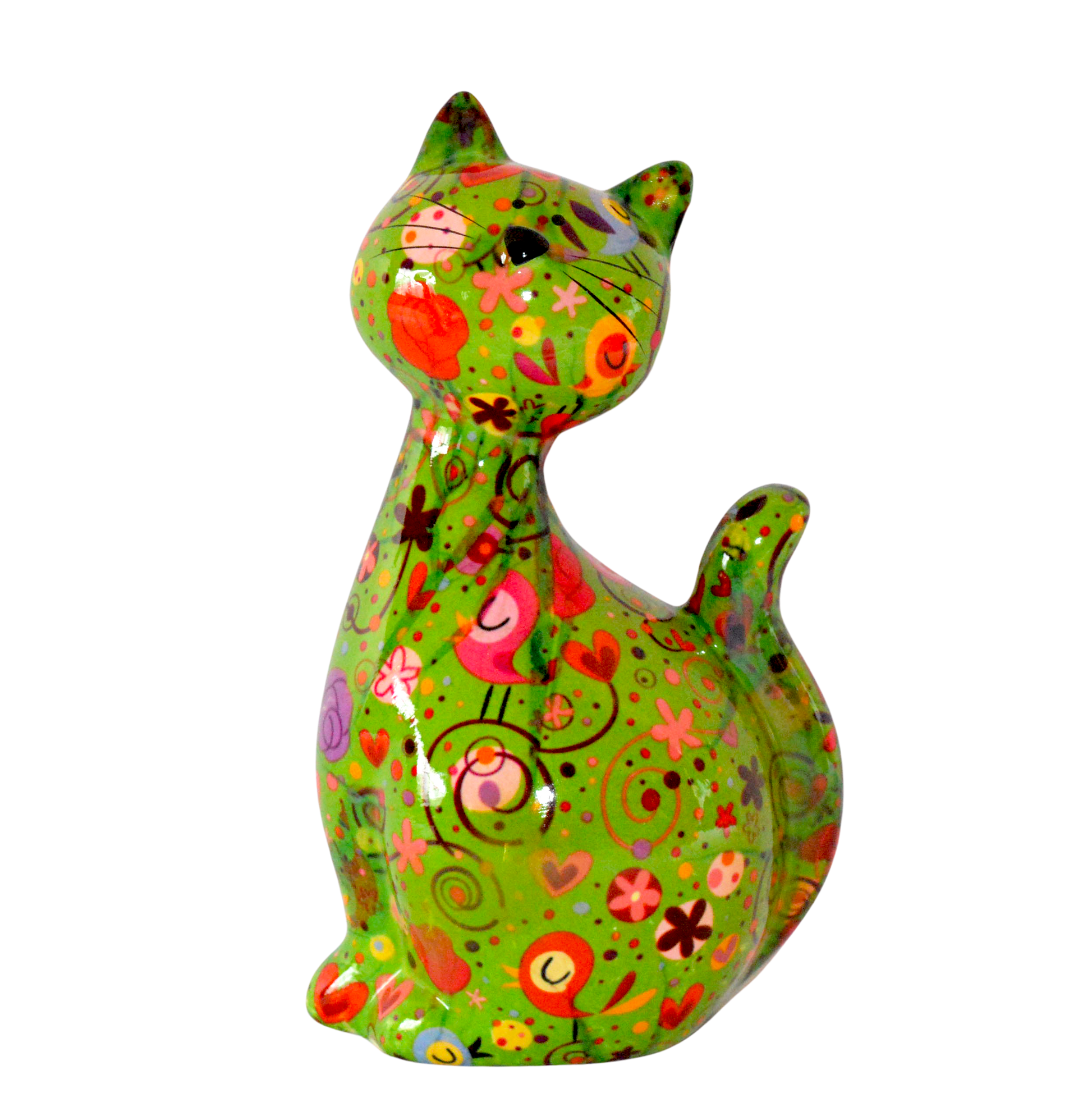 Schattige Pomme Pidou spaarpot kat Caramel met kleurrijke figuurtjes. Een speelse en stijlvolle manier om geld te sparen, perfect als cadeau voor kattenliefhebbers of als vrolijke decoratie in huis."