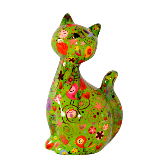 Schattige Pomme Pidou spaarpot kat Caramel met kleurrijke figuurtjes. Een speelse en stijlvolle manier om geld te sparen, perfect als cadeau voor kattenliefhebbers of als vrolijke decoratie in huis."