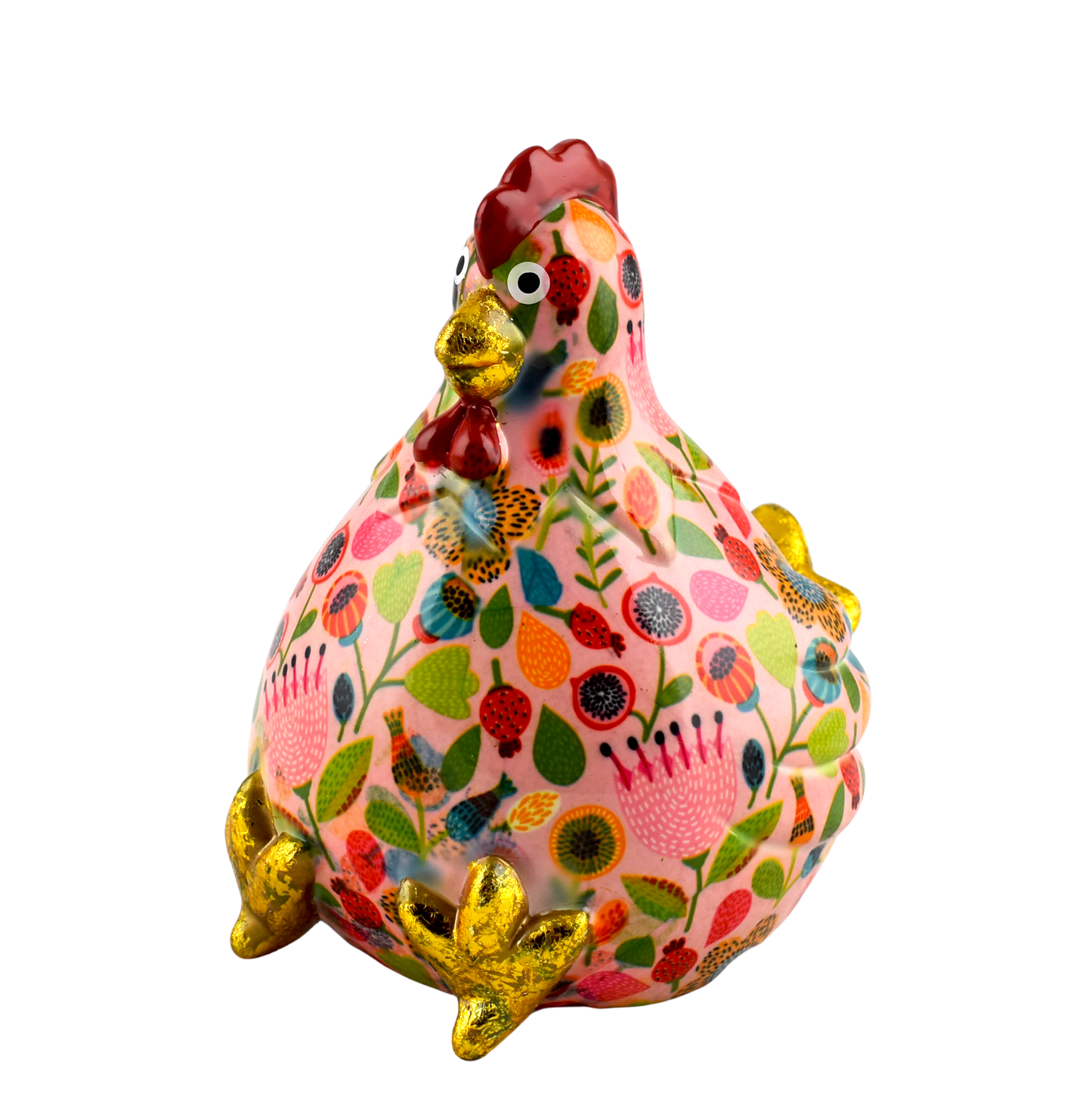 Roze keramische Pomme Pidou spaarpot kip Claire met speelse bloemenprint. Een vrolijke en stijlvolle manier om geld te sparen, perfect als cadeau of decoratief item."
