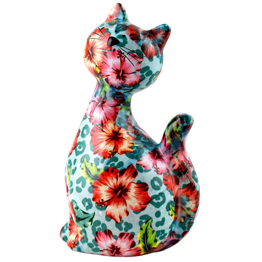 Schattige Pomme Pidou spaarpot kat Caramel met kleurrijke bloemenprint. Een speelse en stijlvolle manier om geld te sparen, perfect als cadeau voor kattenliefhebbers of als vrolijke decoratie in huis."