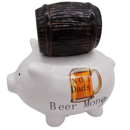 Keramische Pomme Pidou spaarpot in de vorm van een varken, wit met biervat en 'Beer Money' tekst. Afmetingen: L17 x B12.2 x H14 cm. Een origineel cadeau voor bierliefhebbers."