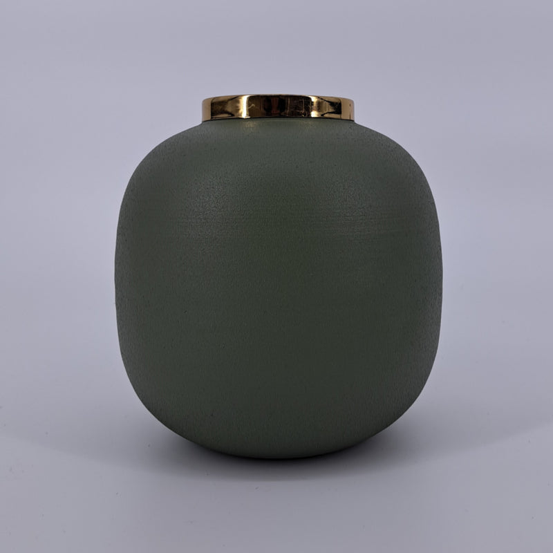 Een stijlvolle groene metalen vaas van 17 x 17 x 20 cm, ideaal voor kleine planten en decoratieve accenten in je interieur.